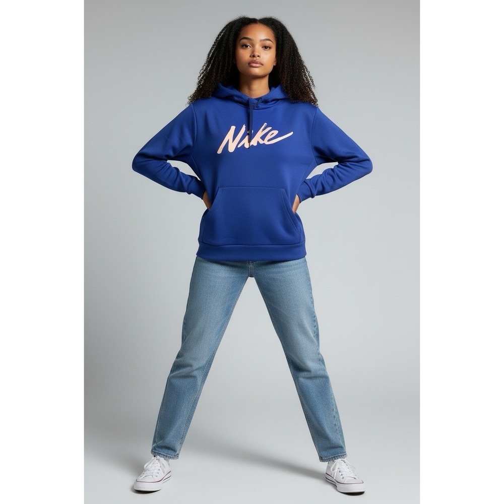 Nike Womens XS Blue Fleece Logo Pullover Hoodie Pockets Drawstring RN56323
